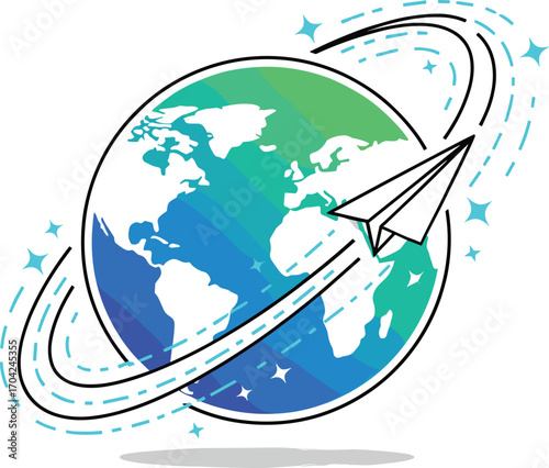 Global Travel and Communication Icon Featuring Paper Airplane Orbiting Earth with Stars Symbolizing Connectivity and Exploration