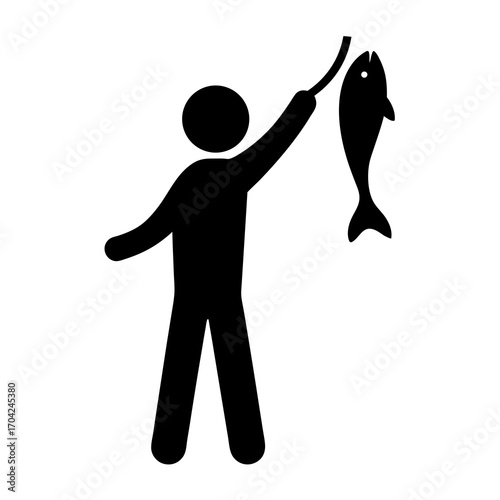 Simple black and white image of a person holding a caught fish