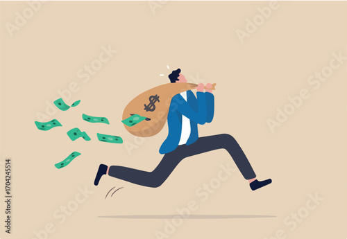 Lose money while trying to get out of stock market in crisis or recession, investment risk or fraud, mutual fund expense and cost concept, businessman running with money bag, banknotes fall from hole.
