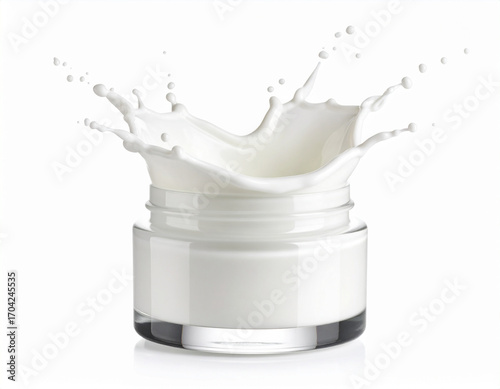 Milk Splash in Glass Jar on White Background, Liquid Explosion, Dairy Product, Freshness.
