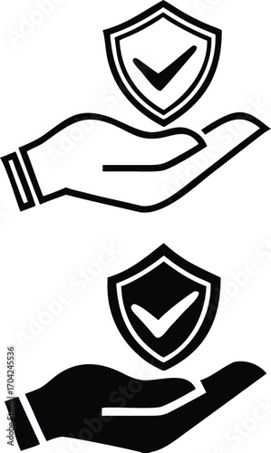 Safety Icons. Black and White Vector Illustrations. Shield on Hand. Protection from Danger, Risk, Harm, and Damage. Concept of Data Security and Protection

