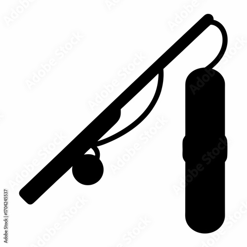 Simple solid black illustration of a fishing rod with a bobber