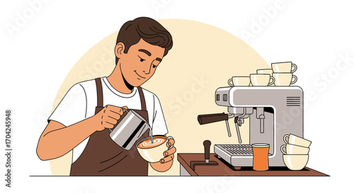 A Barista Crafting a Latte with Precision and Care, surrounded by Coffee Cups