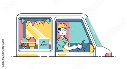 Illustration of a happy ice cream vendor driving his truck, ready to serve delicious frozen treats on a sunny day