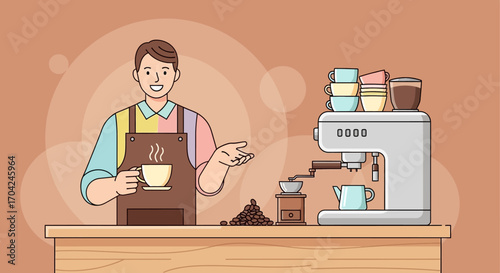 Cheerful barista proudly serves a steaming cup of coffee, showcasing the warm and inviting atmosphere of a modern coffee shop setting