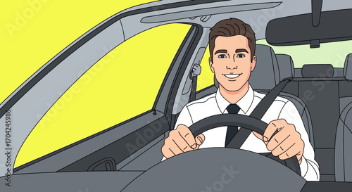 Happy driver in a car wearing seatbelt and smiling, demonstrating safe driving practices for everyday travel