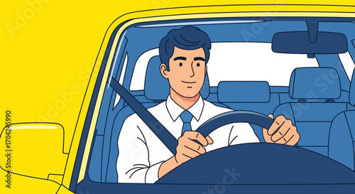Confident young professional man driving a yellow car to work, securely fastened with a seatbelt for a safe daily commute illustration