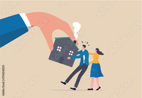 Eviction and mortgage debt, foreclosure or difficulty to payback bank mortgage loan concept, bankruptcy man and family fighting to hold back their house with big legal hand evict it by law. 