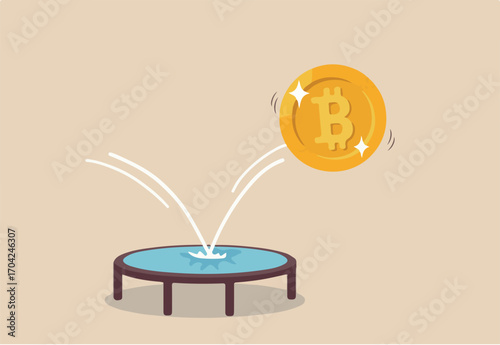 Bitcoin price rebound, crypto currency bounce back to rising up after falling down concept, golden bitcoin bounce back on the trampoline rising up on price graph.