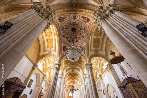 Bild auf Leinwand Baeza Cathedral interior showing columns, dome, and chandeliers in Andalusia, Sp