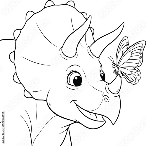 Smiling Triceratops with a Butterfly on Its Nose 