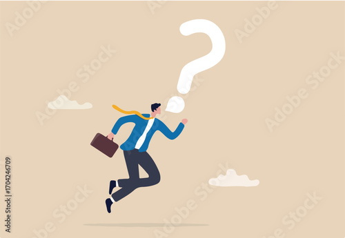 Asking business question to find answer or solution, speak out loud to get support for work problem concept, brave confident businessman speak out loud with speech bubble question mark symbol.