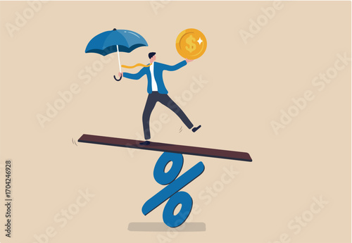 Central bank money policy for inflation or interest rate, balance between profit and loss, financial challenge or risk, economic recover concept, businessman leader balance himself on percentage sign.