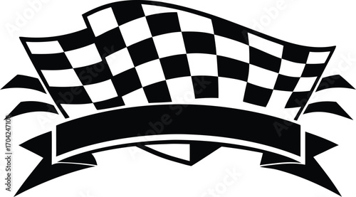 Bold black and white racing banner with checkered flag and ribbon vector