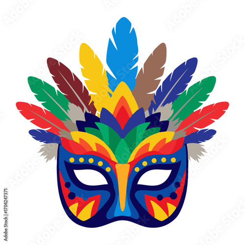 Vibrant Carnival Mask with Colorful Feathers and Intricate Patterns.