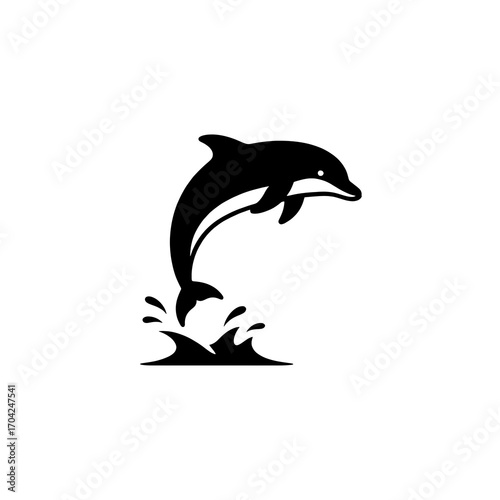 Silhouette of dolphin leaping, flat vector, white background