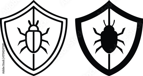 Antivirus Icons. Black and White Vector Illustrations. Shield and Bug. Malware Detecting and Neutralizing Program. Data Security and Protection Concept

