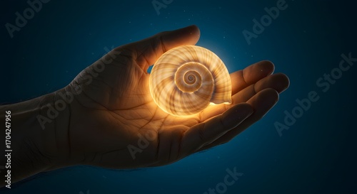 A male hand holding a glowing spiral shell, symbol of mystery.