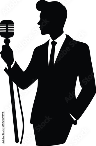 Abstract Black Silhouette of a Gentleman Performer with Classic Microphone Icon