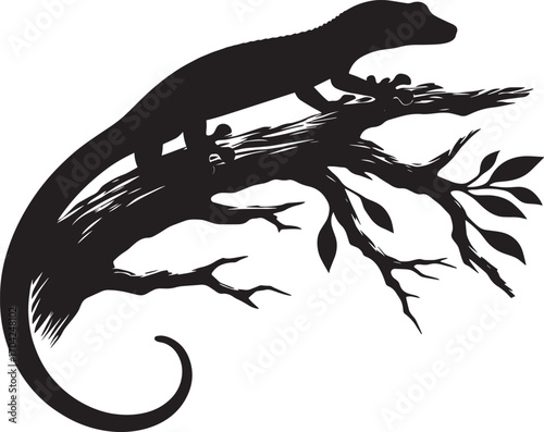 Striking silhouette of a gecko clinging to a gnarled tree branch in dramatic black