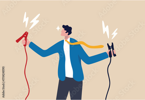 Jumpstart your career, boost or recharge motivation, coaching or mentorship to win business target concept, cheerful businessman manager holding high energy battery jumper ready to jumpstart employee.