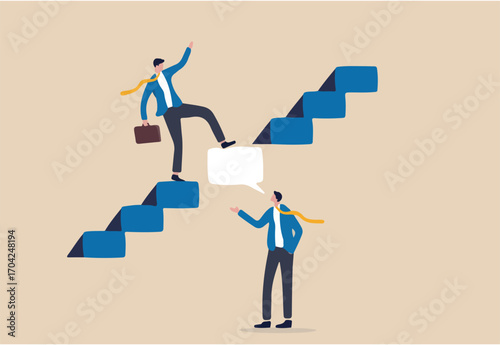 Expert advice or intelligence information to solve business problem, professional consultant or support giving solution concept, businessman expert with speech bubble help connect stairway to success.
