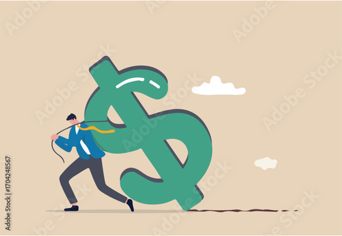 Working hard for money, effort to earn more salary or investment profit, tax burden or financial problem and difficulty concept, overworked businessman drag big dollar sign money back from work.