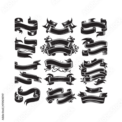 Assortment of black vintage style ribbon banners with varied shapes and decorative elements on a white background Keywords: banner, ribbon, vintage, retro, scroll, design, element, graphic, black