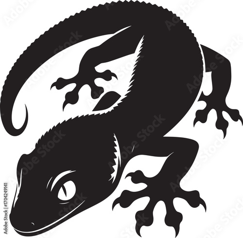 Black silhouette of a gecko with detailed skin texture and expressive eyes