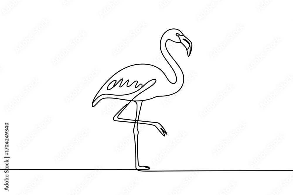 Fototapeta premium Single-Line Drawing of a Flamingo Standing on One Leg Against a White Background