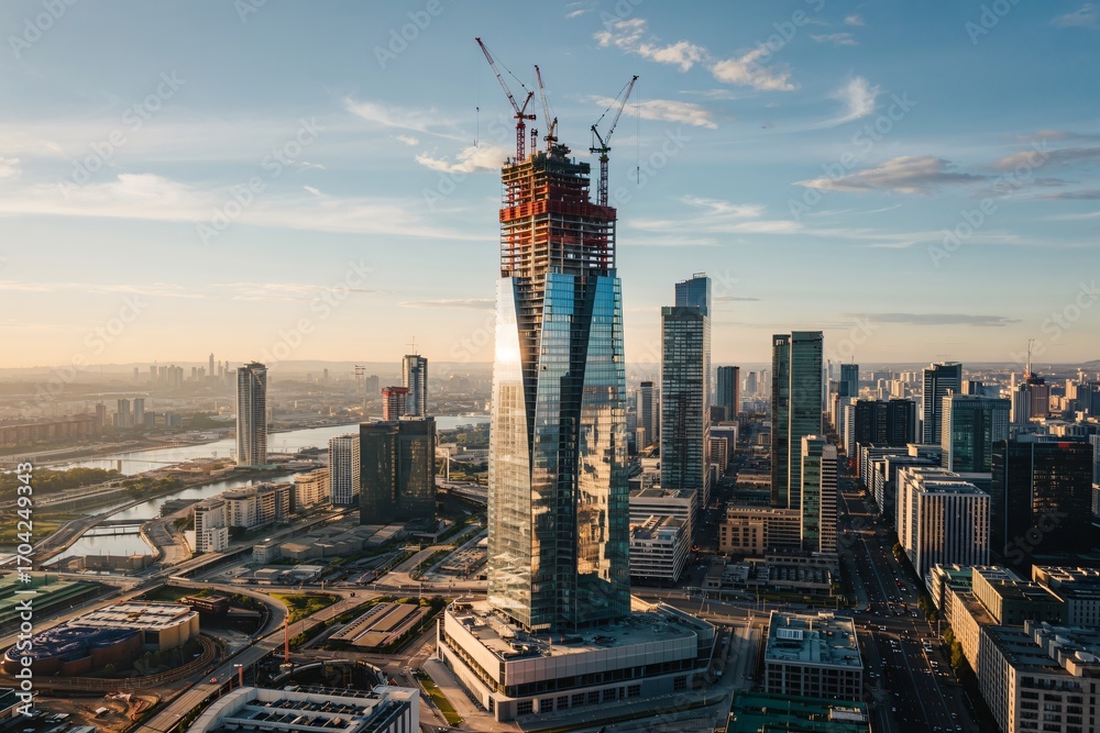Obraz premium This expansive aerial shot captures a modern city skyline bathed in the golden light of sunrise or sunset. 
