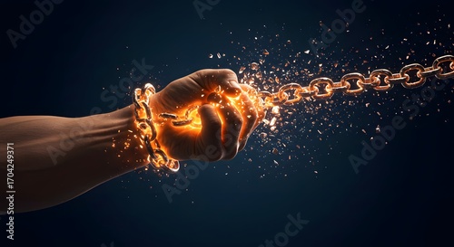 A male hand holding glowing chains breaking apart, symbol of freedom.