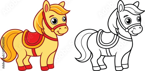 Colorful and Black and White Cartoon Horse Illustrations Adorable Equine Images for Coloring Pages and Children's Books