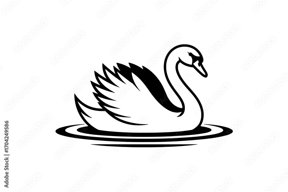 Obraz premium Single Swan in Water: Black and White Line Art Illustration