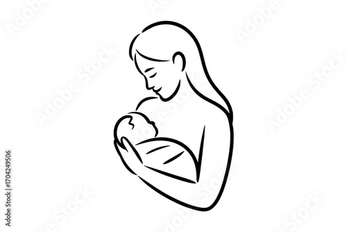Mother and Baby Line Art: Simple Black Outline Illustration of a Woman Gently Holding a Newborn