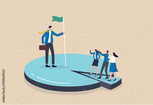 Business winning market share, earn high percentage of product sale, company achieve profit growth concept, success entrepreneur businessman holding flag standing on pie chart win over competitors. 