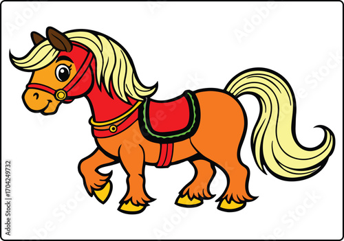 Playful Pony Illustration a Vibrant Cartoon Horse with a Colorful Saddle and Mane Ready for Animated Adventures