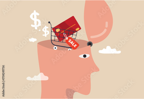 Consumerism, wanting mind or desire to buy and purchasing more, buying therapy or shopping addiction concept, human head with shopping cart with credit card and sale price tag in his brain.