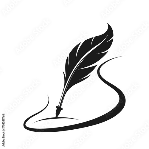 Elegant Black and White Quill Pen with Spiral Ink Trail Vector icon