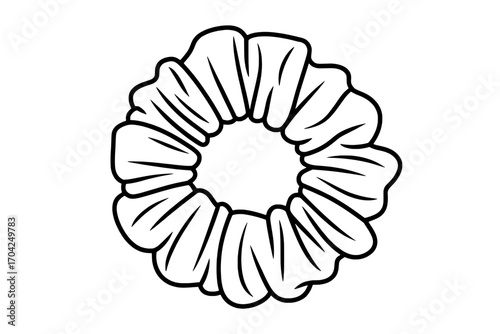 Single Black Outline Illustration of a Scrunchie Hair Tie; Circular, Folded Fabric Design on White Background