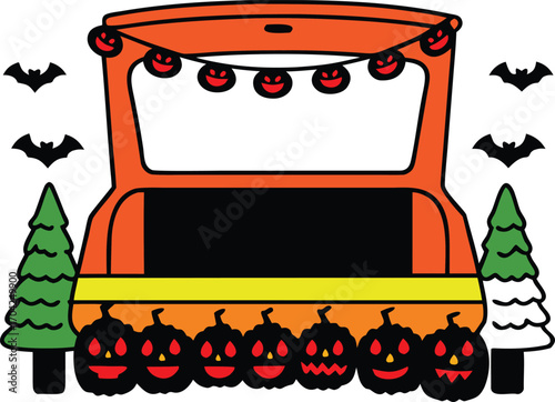 Halloween Trunk or Treat Scene Featuring an Open Car Trunk with Pumpkins, Trees, and Bats for a Festive Display