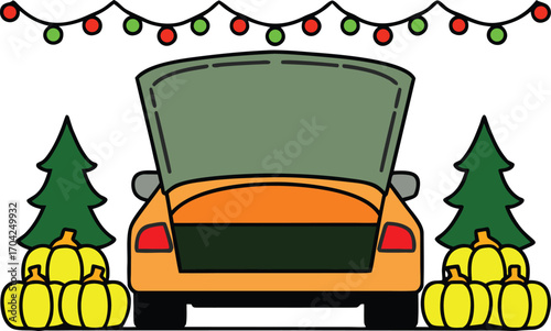 Festive Thanksgiving Gathering Car Trunk with Pumpkins and Green Trees Decoration