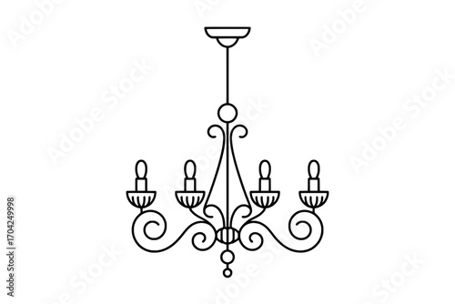 Single Line Art Deco Chandelier Icon: Four-Light Fixture with Elegant Swirls