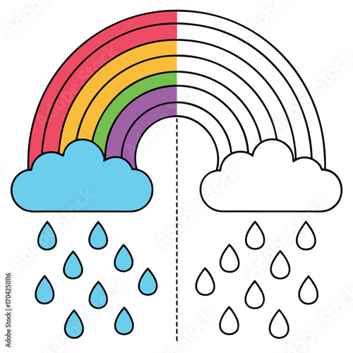 Colorful Rainbow with Cloud and Raindrops Illustration Split Down the Middle Offering a Coloring Activity or Visual Comparison