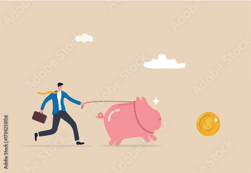 Best investment, money working for you or mutual fund return, savings or wealth management, searching for yield concept, businessman investor walking savings piggybank hunting for dollar money return.