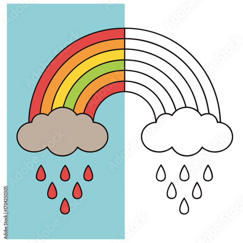 Colorful Rainbow with Rain Cloud Illustration Half Colored and Half Line Art for Kids Educational Purposes and Coloring Pages