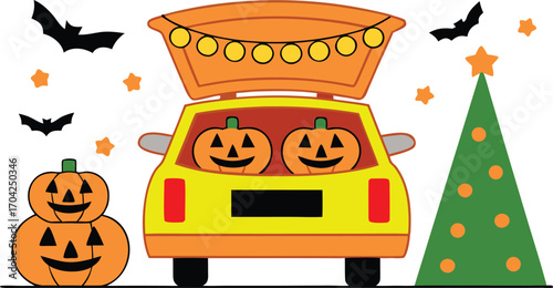 Halloween Car Trunk or Treat Scene with Pumpkins Bats Stars and Decorated Christmas Tree