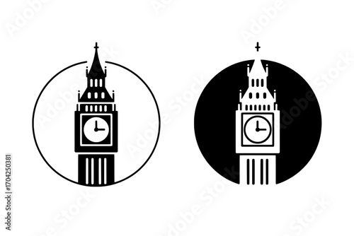 Two stylized Big Ben icons: Black on white circle and white on black circle