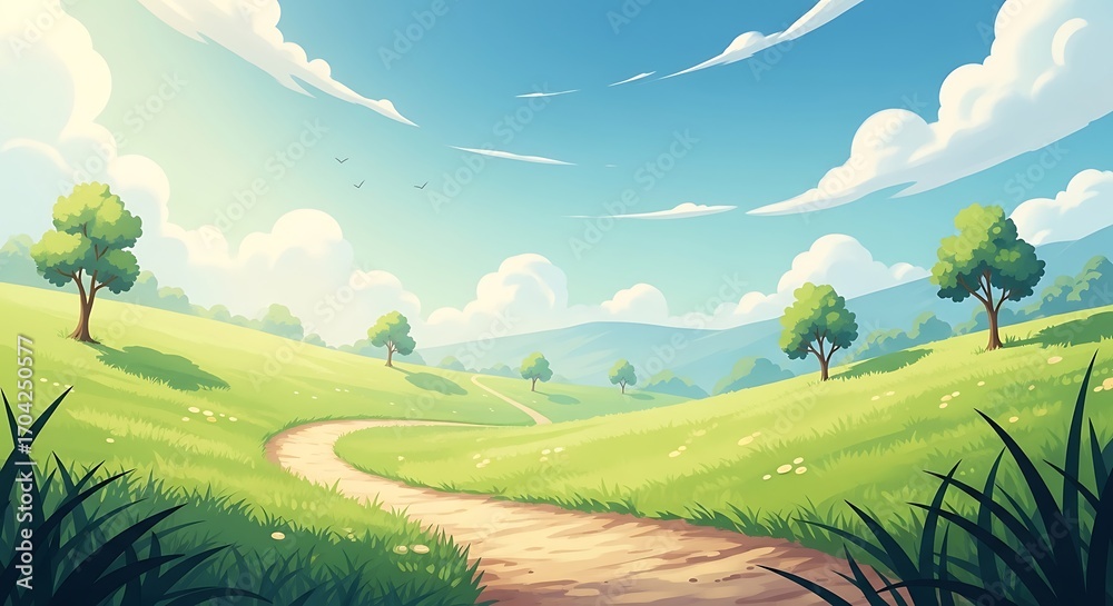 Fototapeta premium Serene Countryside Path Under Sunny Sky.