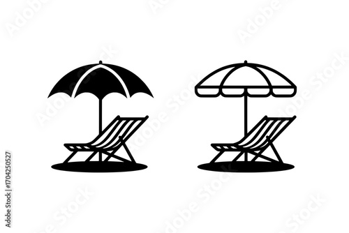 Two Beach Chair and Umbrella Icons: Solid Black vs. Outline Style